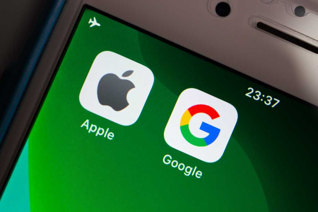 apple and google logos on smartphone