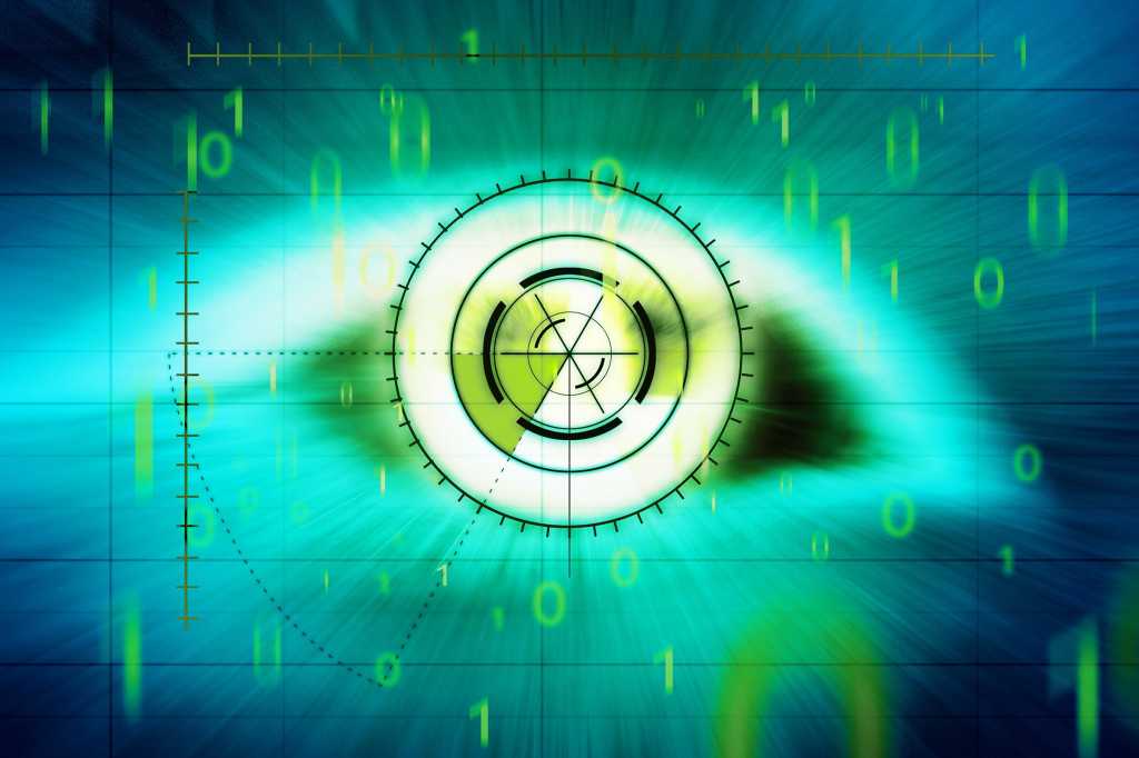radar grid overlays the pupil of an eye / intrusion detection / scanning / threat assessment