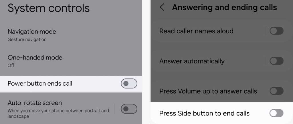 pixel and samsung controls for ending calls with button in android