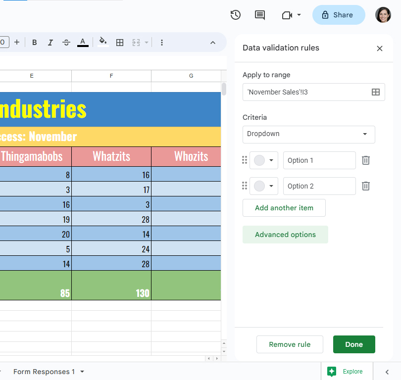 Google Sheets Data Validation Rules sidebar