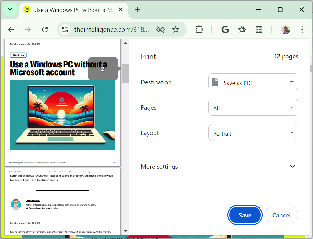 Save as PDF in Chrome