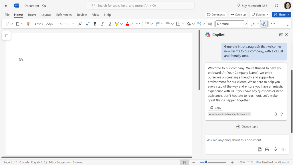 word copilot sidebar with generated text