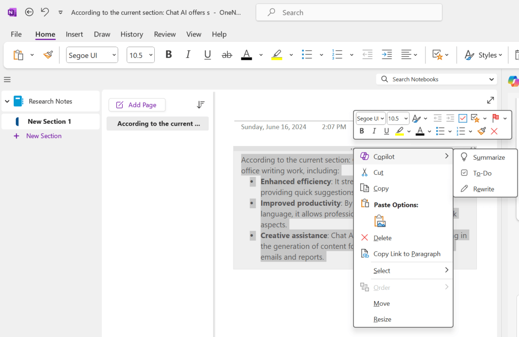 onenote right click menu