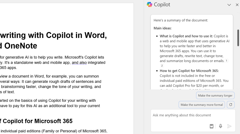 word copilot sidebar with document summary