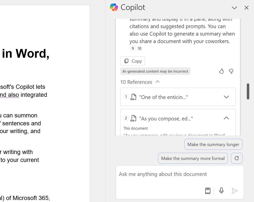 word copilot sidebar with references for summary