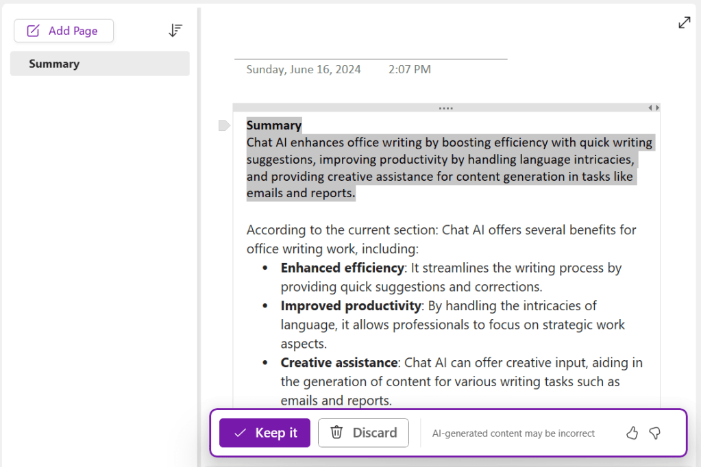 onenote copilot summary