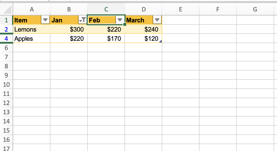 table with conditional filtering applied