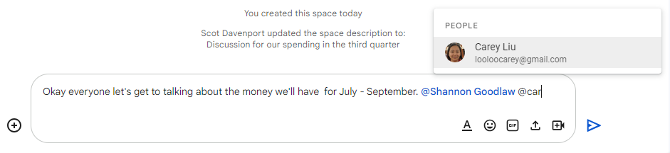 google spaces - message with co-worker tagged