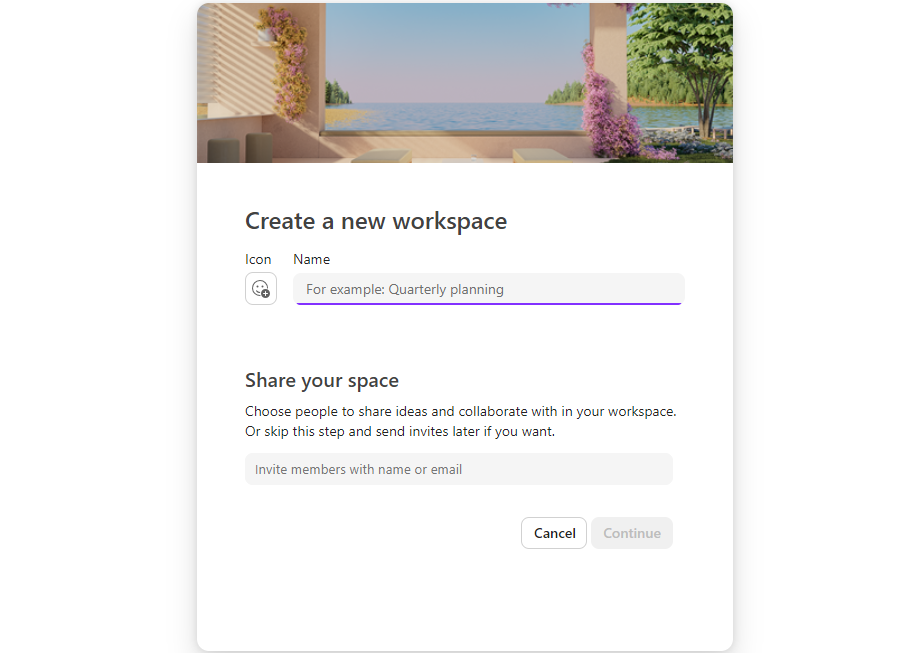 blank create a new workspace screen