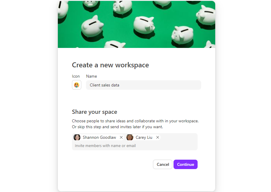 adding members on the create a new workspace screen