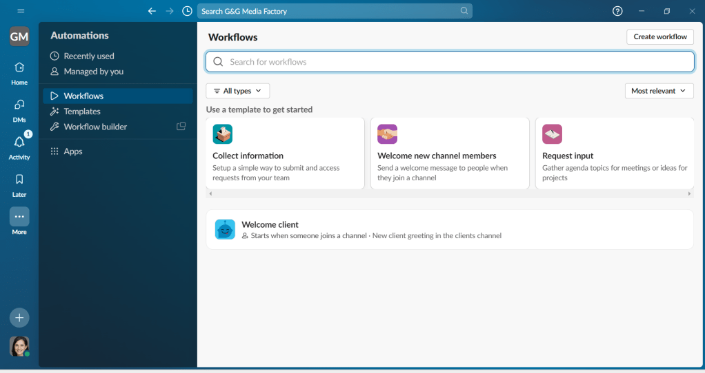 main workflows screen in slack