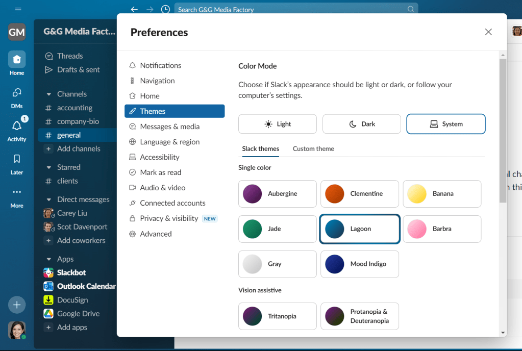 selecting a theme in slack