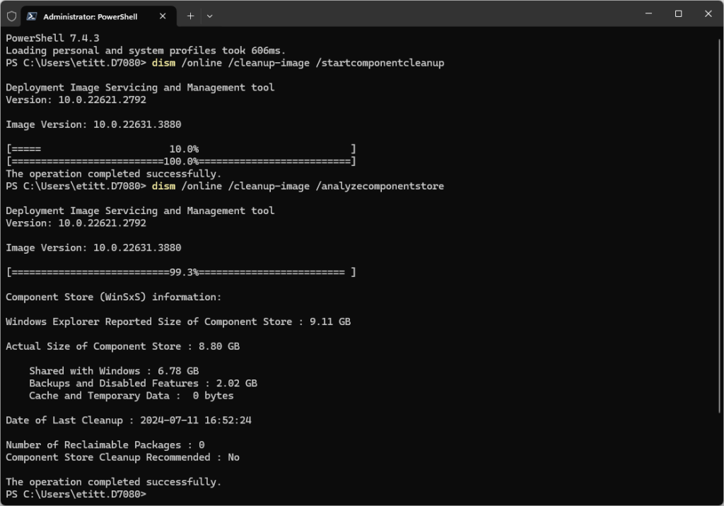 dism startcomponentcleanup and second analyzecomponentstore command